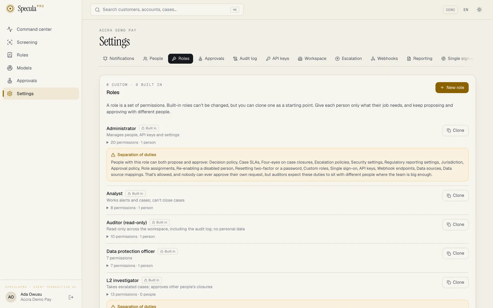 Settings, Roles tab: 0 custom and 9 built-in roles, with the New role button; Administrator (20 permissions, 1 person) with a Separation of duties warning; Analyst; Auditor (read-only); Data protection officer; L2 investigator; each with a Clone button