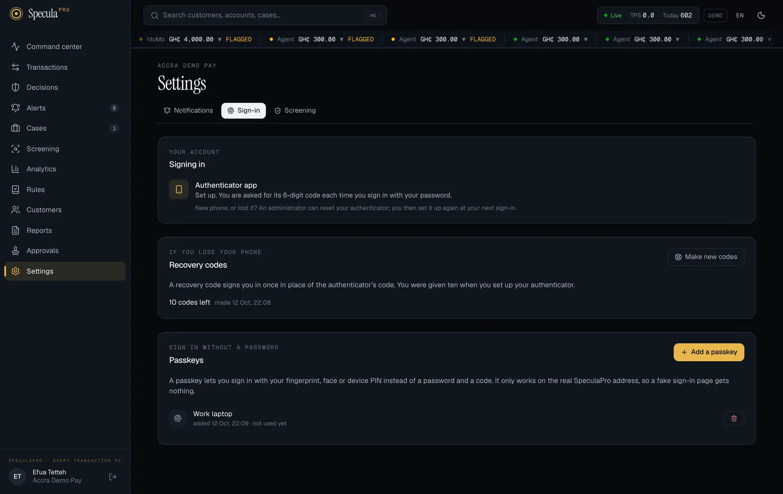 Settings, Sign-in tab, with three panels. Signing in: Authenticator app, set up. Recovery codes: 10 codes left, with a Make new codes button. Passkeys: an Add a passkey button and one passkey named Work laptop, added 12 Oct and not used yet, with a remove button