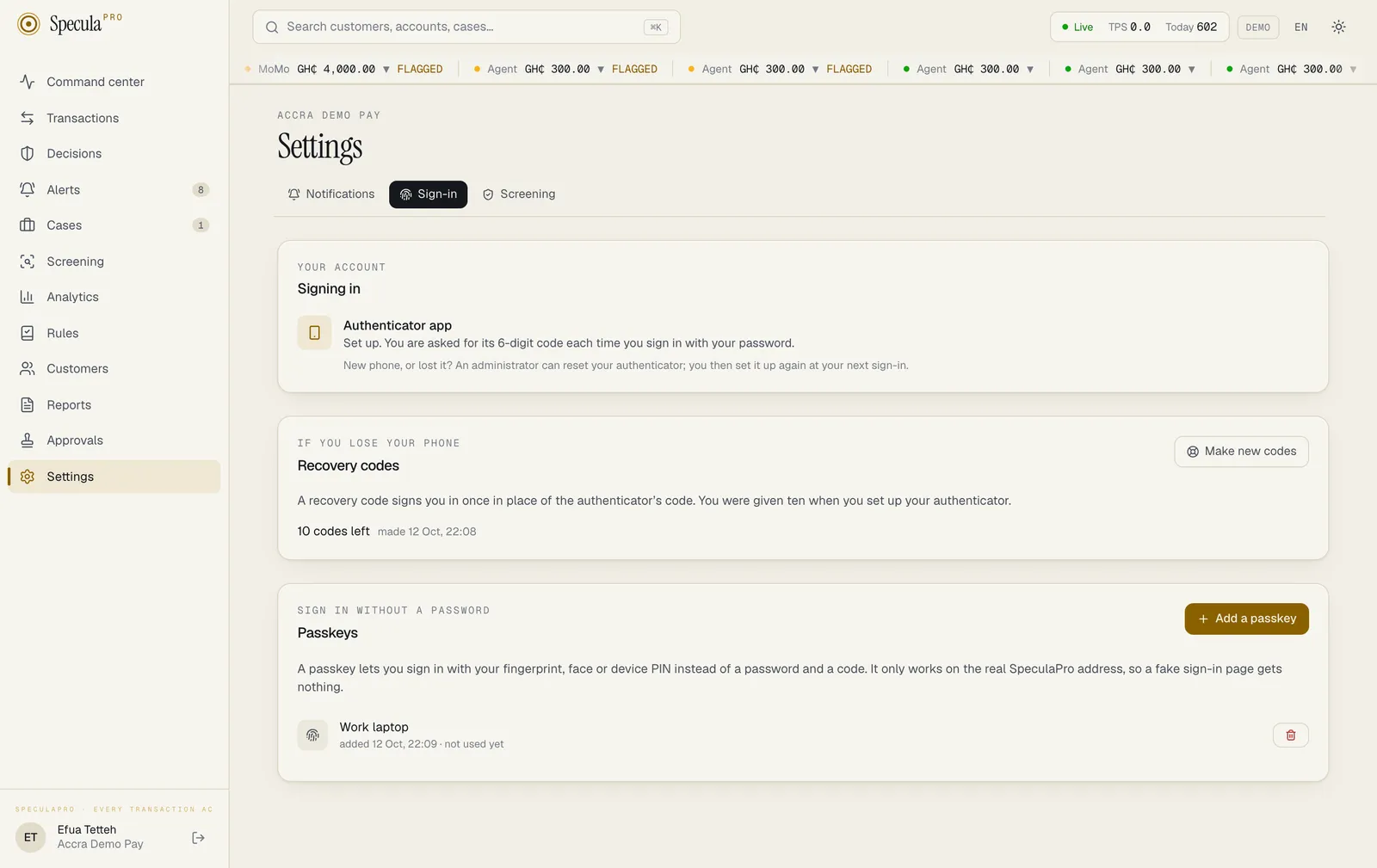 Settings, Sign-in tab, with three panels. Signing in: Authenticator app, set up. Recovery codes: 10 codes left, with a Make new codes button. Passkeys: an Add a passkey button and one passkey named Work laptop, added 12 Oct and not used yet, with a remove button