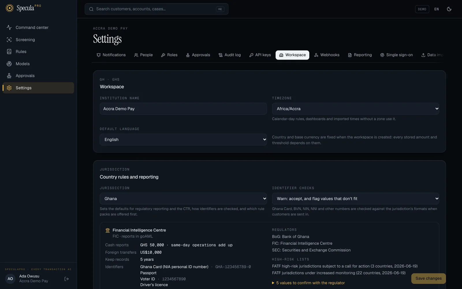 Settings, Workspace tab: the Workspace panel with institution name, time zone and default language, and below it the Country rules and reporting panel with the jurisdiction, identifier checks and the Financial Intelligence Centre's details