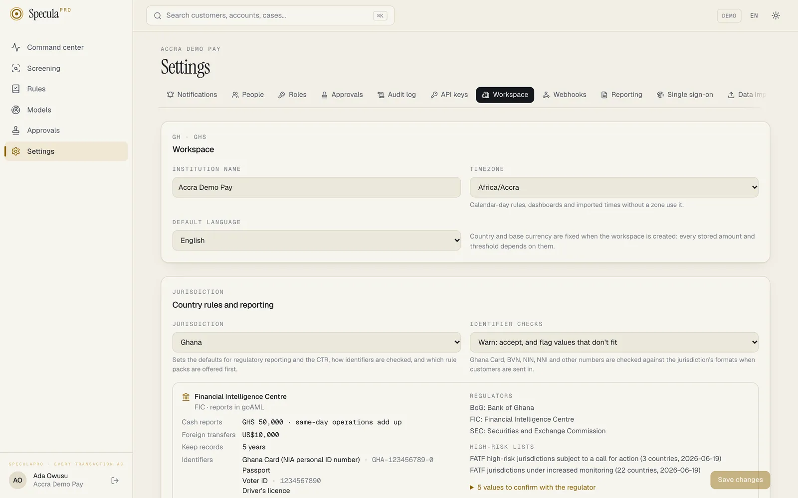 Settings, Workspace tab: the Workspace panel with institution name, time zone and default language, and below it the Country rules and reporting panel with the jurisdiction, identifier checks and the Financial Intelligence Centre's details