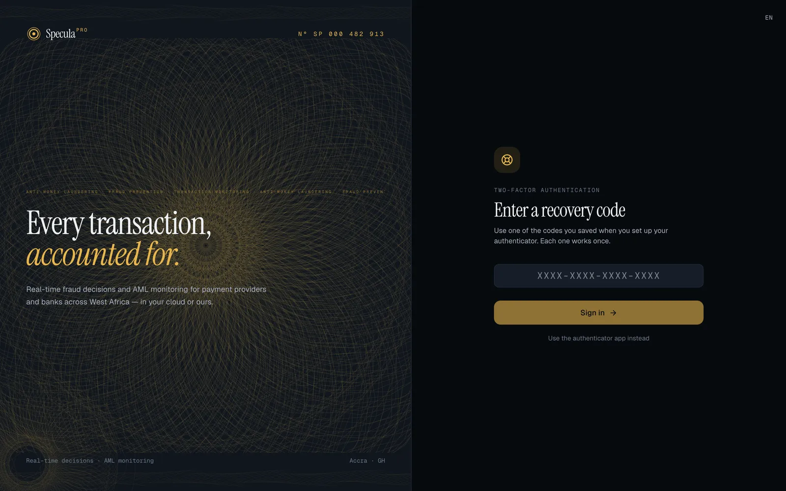 The sign-in page at the two-factor step, showing Enter a recovery code: one field with the placeholder XXXX-XXXX-XXXX-XXXX, the Sign in button, and the link Use the authenticator app instead