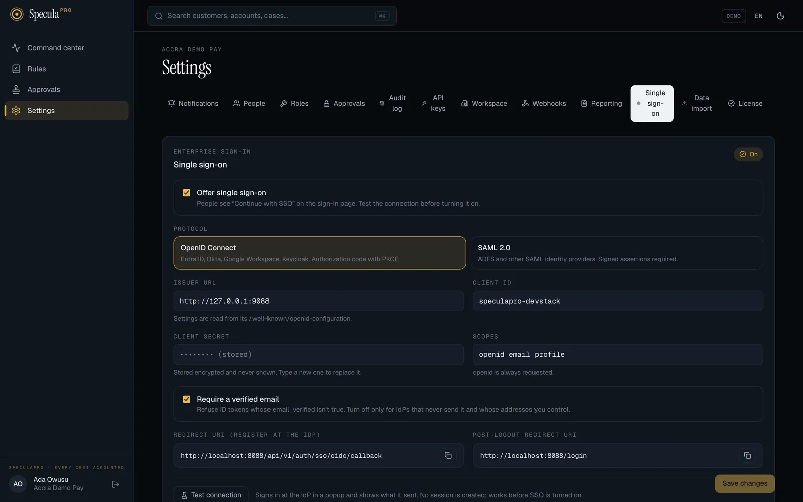 Settings, Single sign-on tab with a saved connection: the On badge, Offer single sign-on ticked, OpenID Connect chosen, the issuer URL and client ID, the client secret shown only as stored, the scopes, Require a verified email, and the Redirect URI and post-logout redirect URI with copy buttons