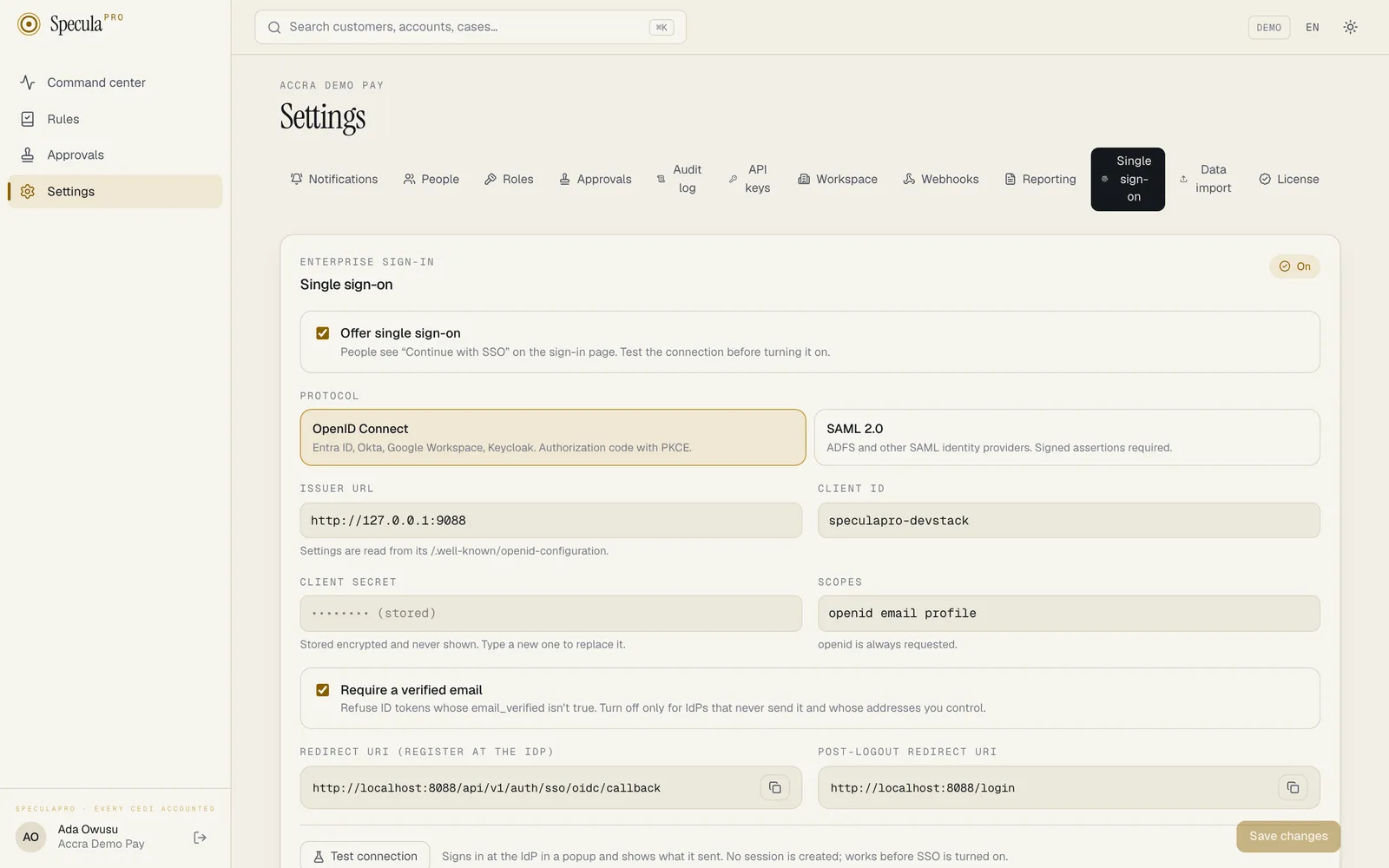 Settings, Single sign-on tab with a saved connection: the On badge, Offer single sign-on ticked, OpenID Connect chosen, the issuer URL and client ID, the client secret shown only as stored, the scopes, Require a verified email, and the Redirect URI and post-logout redirect URI with copy buttons