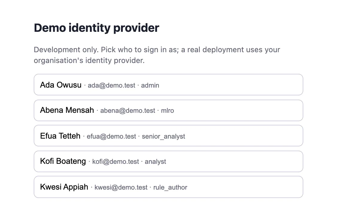 The development stack's demo identity provider: a plain page titled Demo identity provider, marked development only, listing the demo people (Ada Owusu, Abena Mensah, Efua Tetteh, Kofi Boateng and Kwesi Appiah) to sign in as