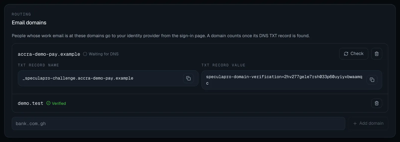 The Email domains panel: accra-demo-pay.example waiting for DNS, with the TXT record name _speculapro-challenge.accra-demo-pay.example, the speculapro-domain-verification value to create, copy buttons and a Check button; below it demo.test, verified; and the box to add another domain