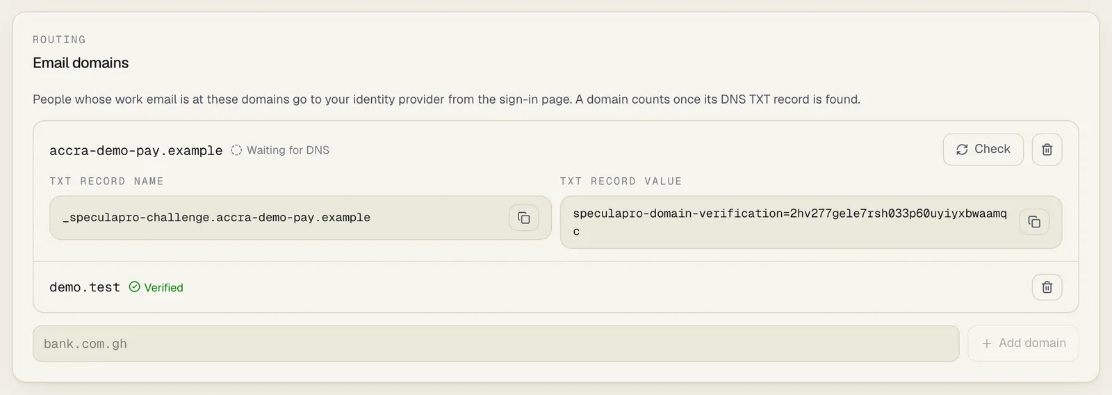 The Email domains panel: accra-demo-pay.example waiting for DNS, with the TXT record name _speculapro-challenge.accra-demo-pay.example, the speculapro-domain-verification value to create, copy buttons and a Check button; below it demo.test, verified; and the box to add another domain