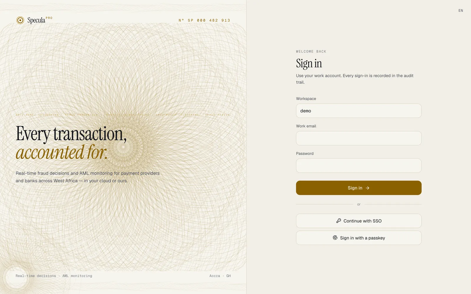 The SpeculaPro sign-in page with the workspace demo typed in: Work email and Password fields, the Sign in button, and below it, after or, the Continue with SSO button and the Sign in with a passkey button