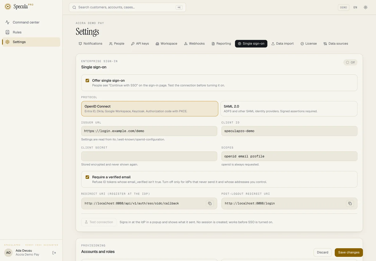 Settings, Single sign-on tab: Offer single sign-on ticked, OpenID Connect chosen, the Issuer URL and Client ID filled in, the client secret and scopes, Require a verified email, and the Redirect URI and post-logout redirect URI to register at the identity provider, with Test connection, Discard and Save changes
