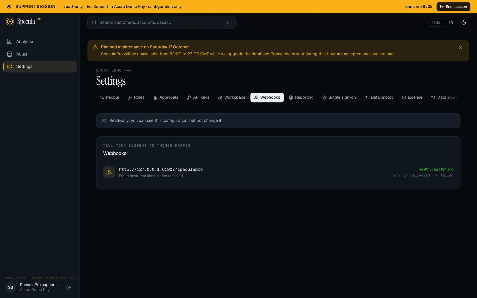 The app as a support session sees it: an amber bar across the top reading Support session, read-only, Esi Support in Accra Demo Pay, configuration only, ends in 59:31, with an End session button; the menu holds only Analytics, Rules and Settings; Settings is on the Webhooks tab under the note Read-only: you can see this configuration, but not change it