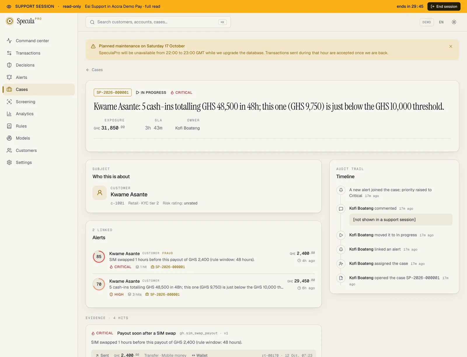 A case opened in a full-read support session: the amber bar reads Support session, read-only, Esi Support in Accra Demo Pay, full read, ends in 29:45; the case shows its subject, two linked alerts and the timeline, where the comment an investigator wrote is replaced by [not shown in a support session]