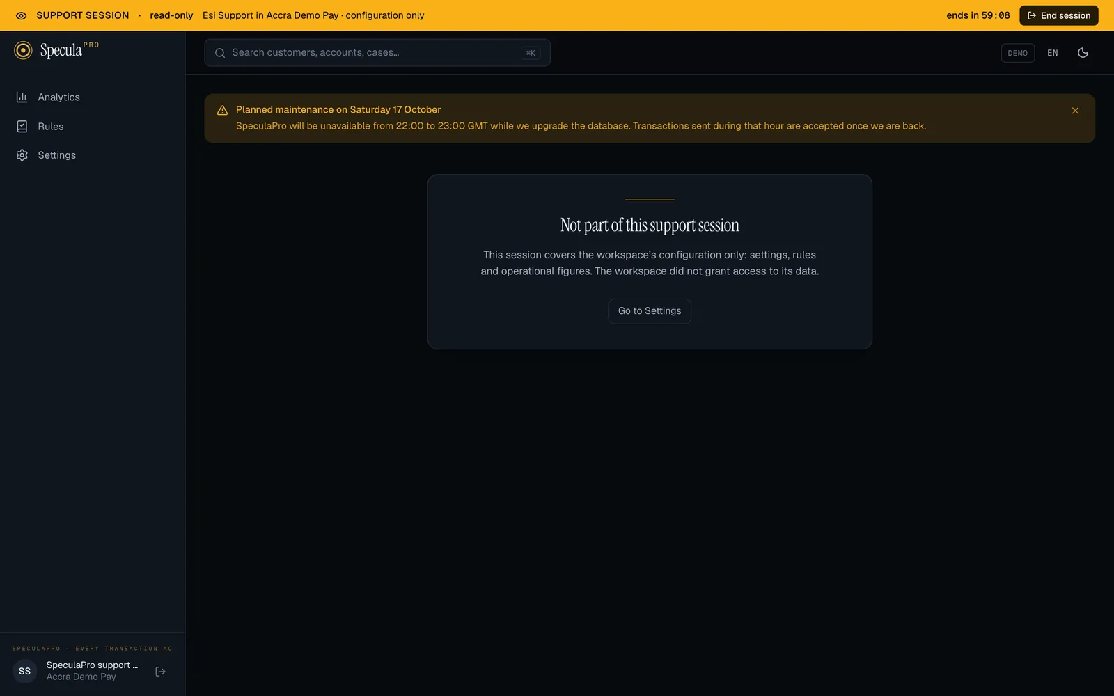 A configuration-only support session opening Cases: under the amber support session bar, the page says Not part of this support session. This session covers the workspace's configuration only, with a Go to Settings button