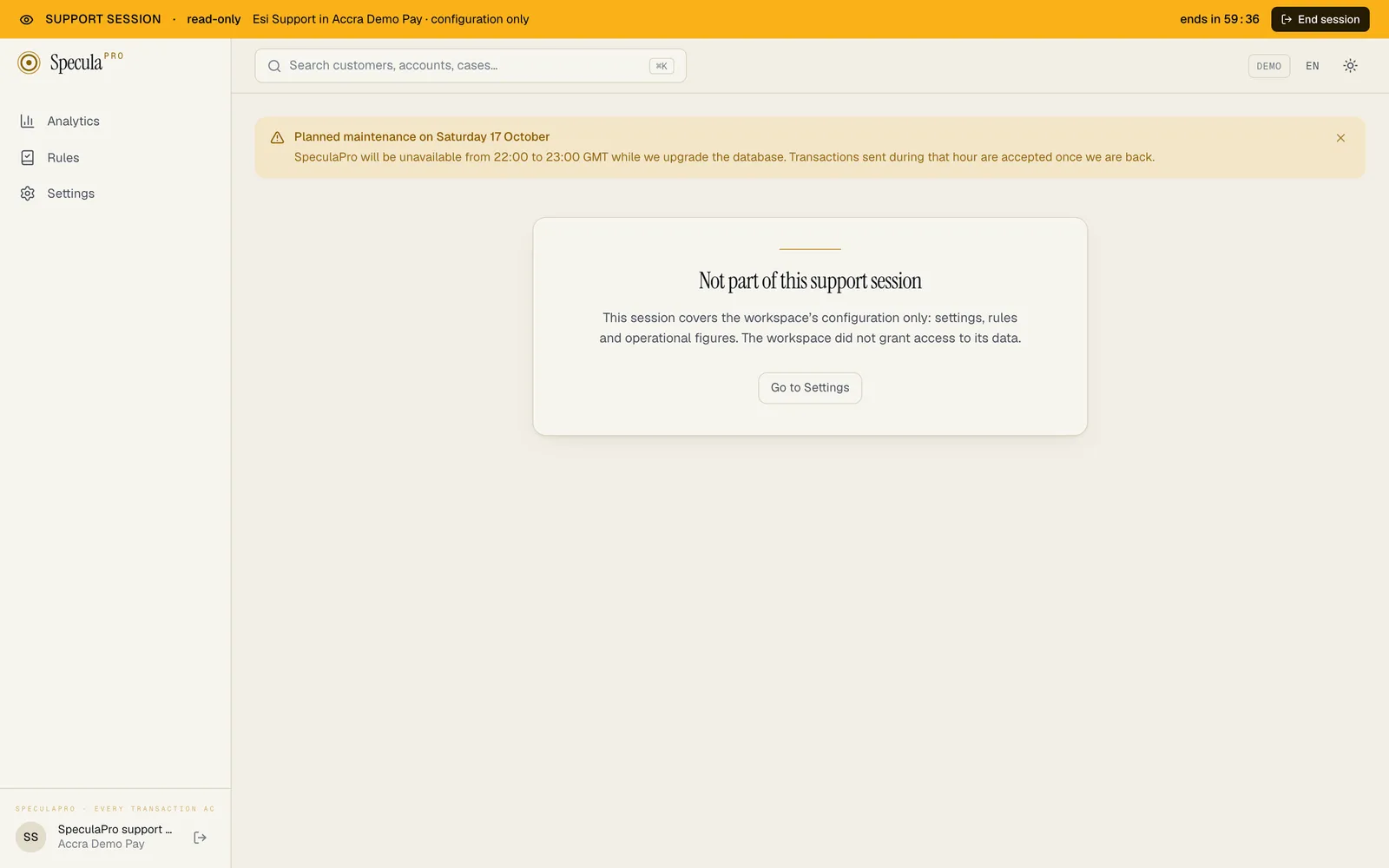 A configuration-only support session opening Cases: under the amber support session bar, the page says Not part of this support session. This session covers the workspace's configuration only, with a Go to Settings button