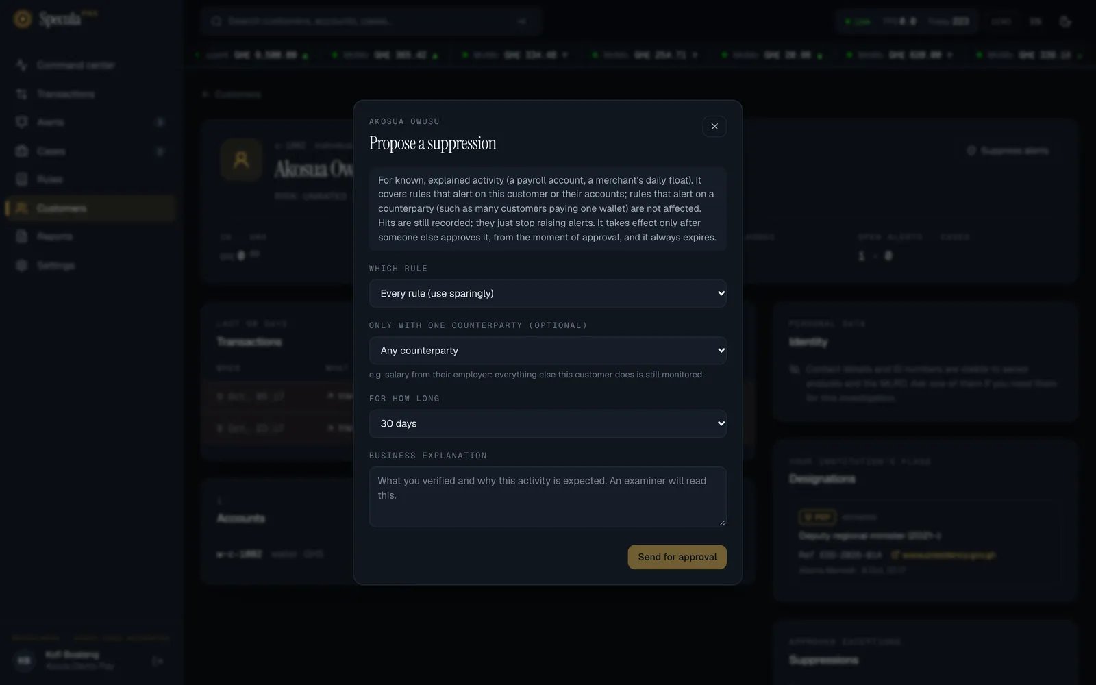 The Propose a suppression panel on a customer profile: which rule, Only with one counterparty, for how long and the business explanation