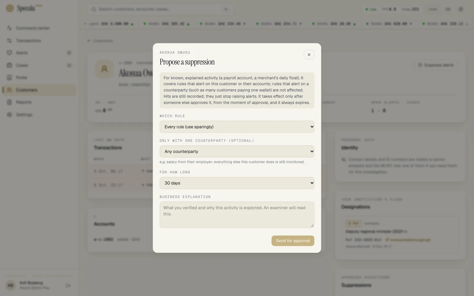 The Propose a suppression panel on a customer profile: which rule, Only with one counterparty, for how long and the business explanation