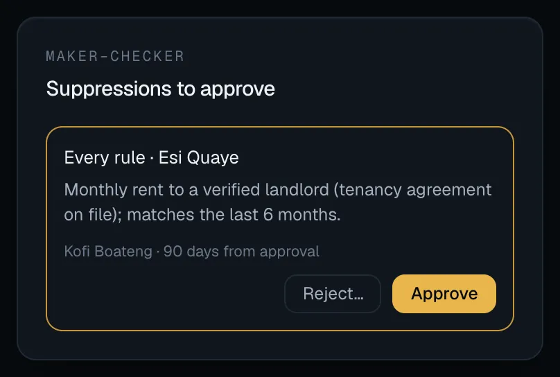 The Suppressions to approve panel on the Rules page, with Reject and Approve