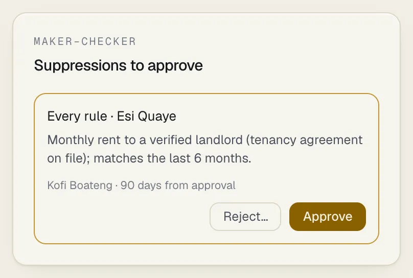 The Suppressions to approve panel on the Rules page, with Reject and Approve