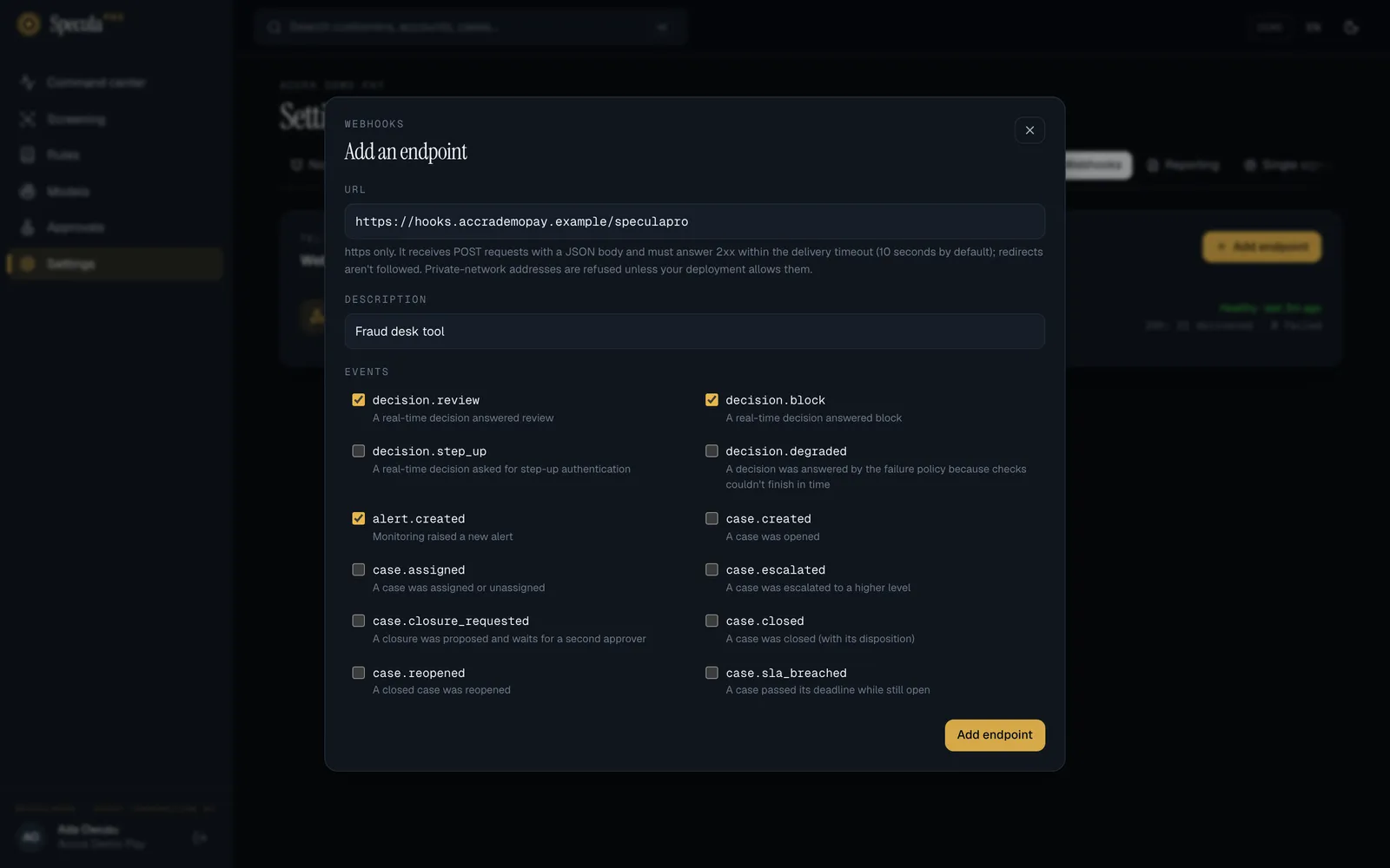 The Add an endpoint sheet: the URL box, the Description box, and the twelve events with decision.review, decision.block and alert.created ticked