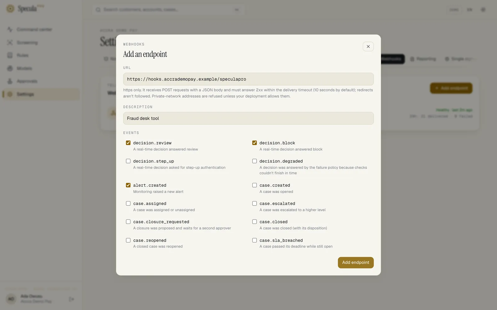 The Add an endpoint sheet: the URL box, the Description box, and the twelve events with decision.review, decision.block and alert.created ticked