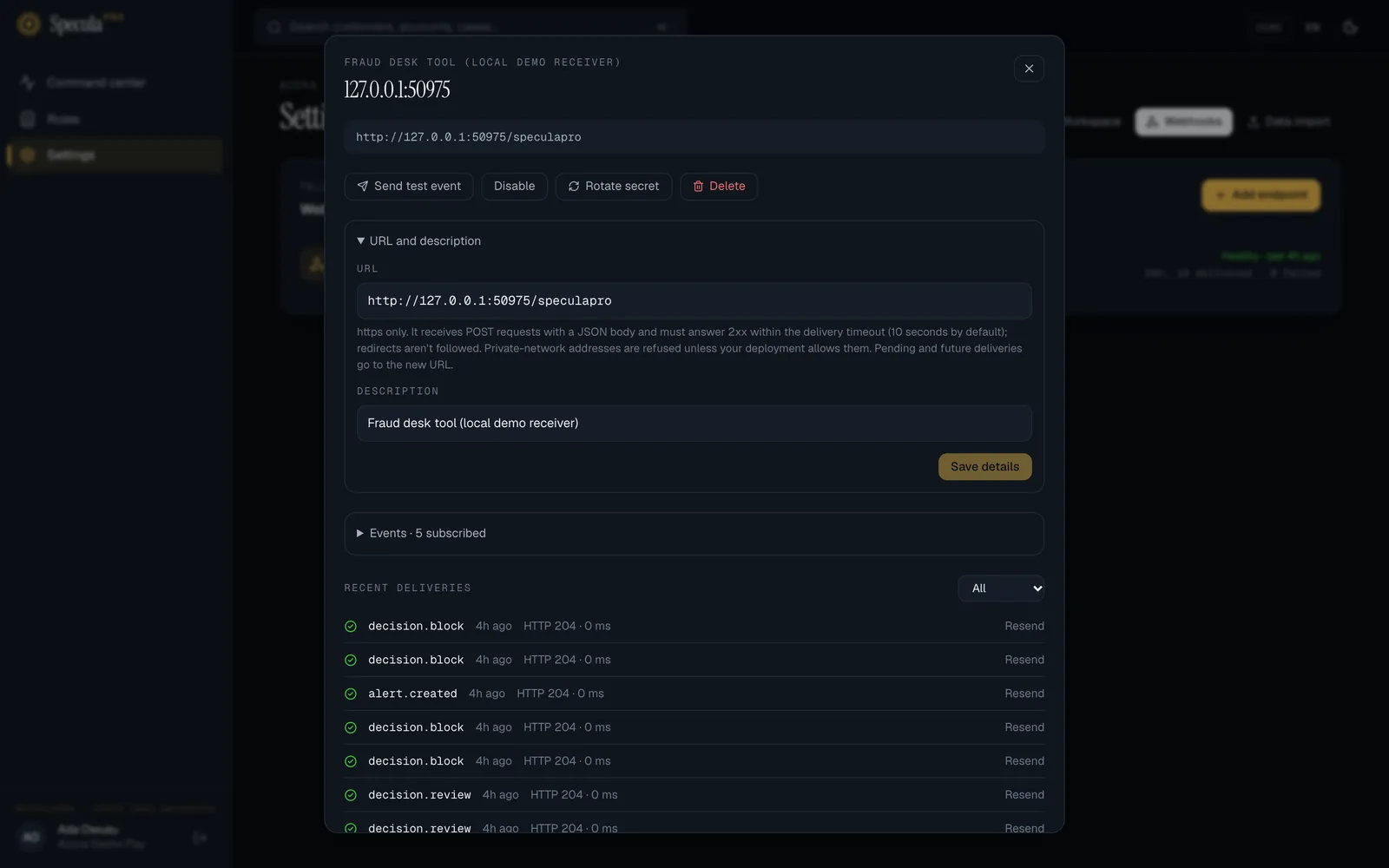 An endpoint's sheet with URL and description open: the URL field with a note on what the receiver must do, the Description field, and the Save details button