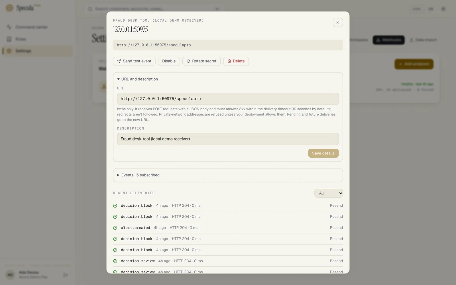 An endpoint's sheet with URL and description open: the URL field with a note on what the receiver must do, the Description field, and the Save details button