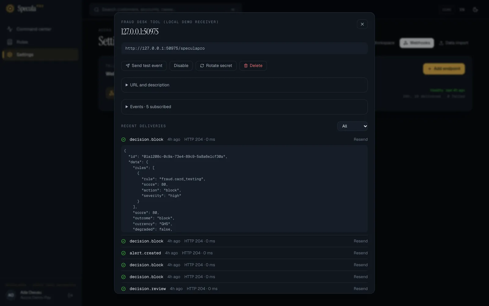 An endpoint's sheet: its address, the Send test event, Disable, Rotate secret and Delete buttons, the closed URL and description and Events sections, and Recent deliveries with one decision.block message opened to show its JSON