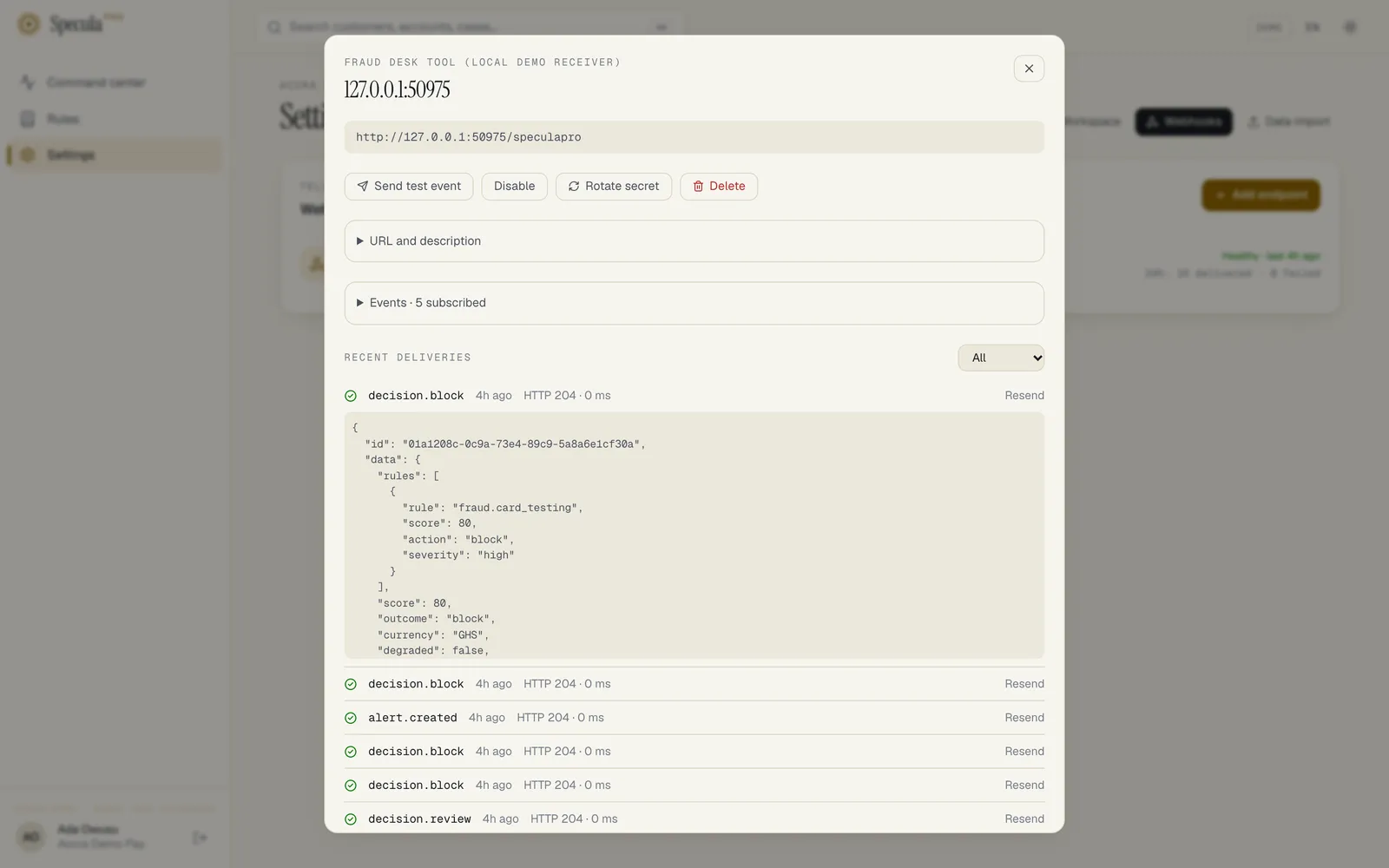 An endpoint's sheet: its address, the Send test event, Disable, Rotate secret and Delete buttons, the closed URL and description and Events sections, and Recent deliveries with one decision.block message opened to show its JSON