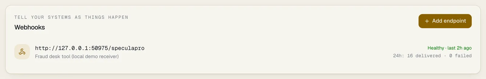 Settings, Webhooks tab: one endpoint with its address and description, marked Healthy, with its deliveries in the last 24 hours, and the Add endpoint button