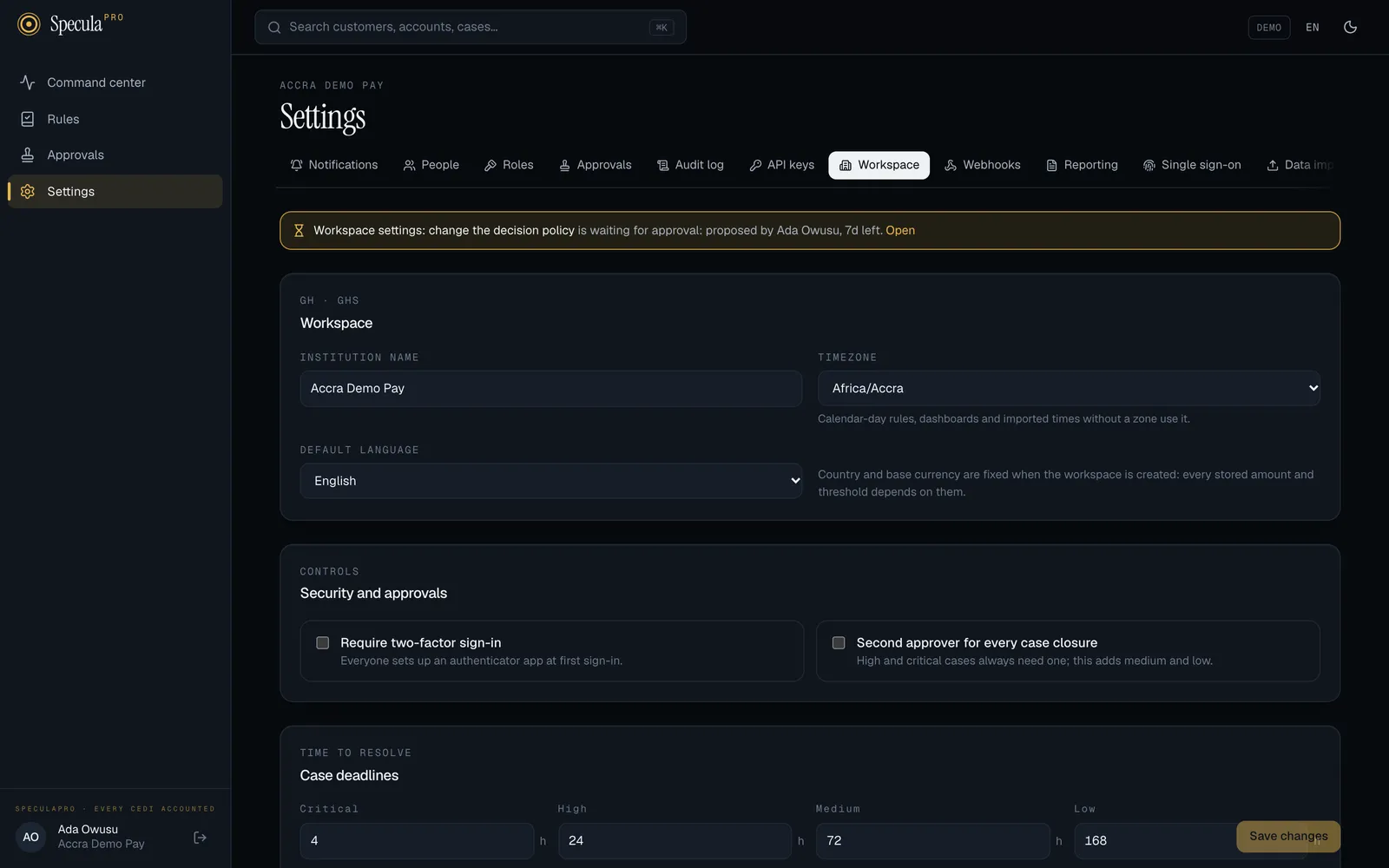 Settings, Workspace tab with a banner: Workspace settings: change the decision policy is waiting for approval: proposed by Ada Owusu, 7d left. Open