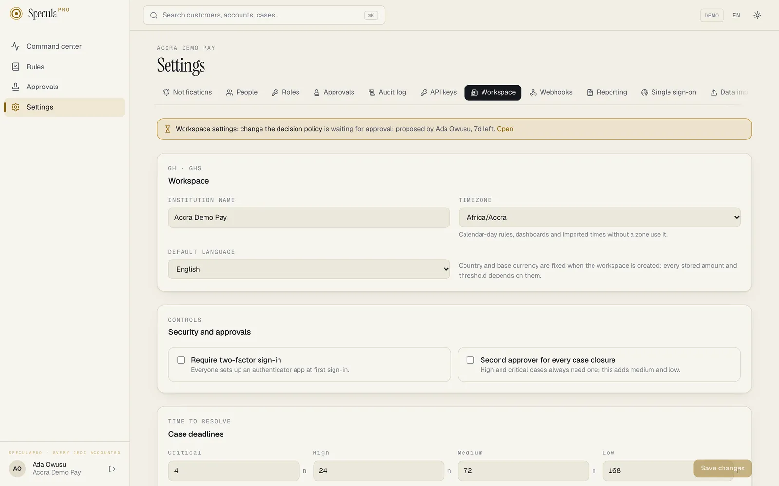 Settings, Workspace tab with a banner: Workspace settings: change the decision policy is waiting for approval: proposed by Ada Owusu, 7d left. Open